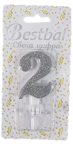 Свеча цифра "2" глиттер серебро Silver