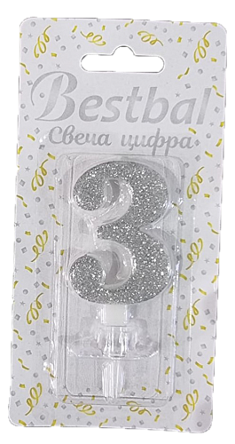 Свеча цифра "3" глиттер серебро Silver