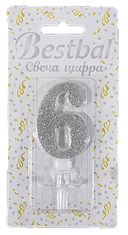 Свеча цифра "6" глиттер серебро Silver